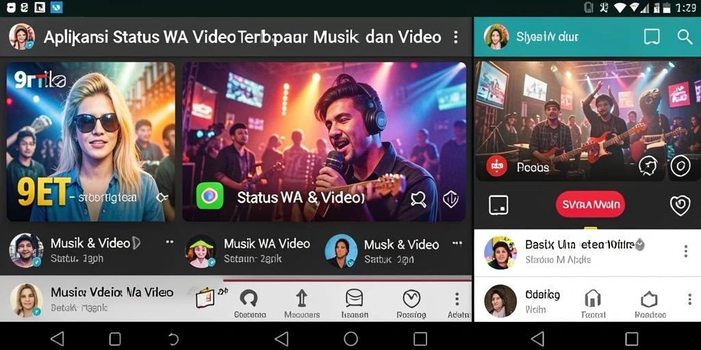 Antarmuka aplikasi 9ET dengan pilihan video status WA yang beragam.